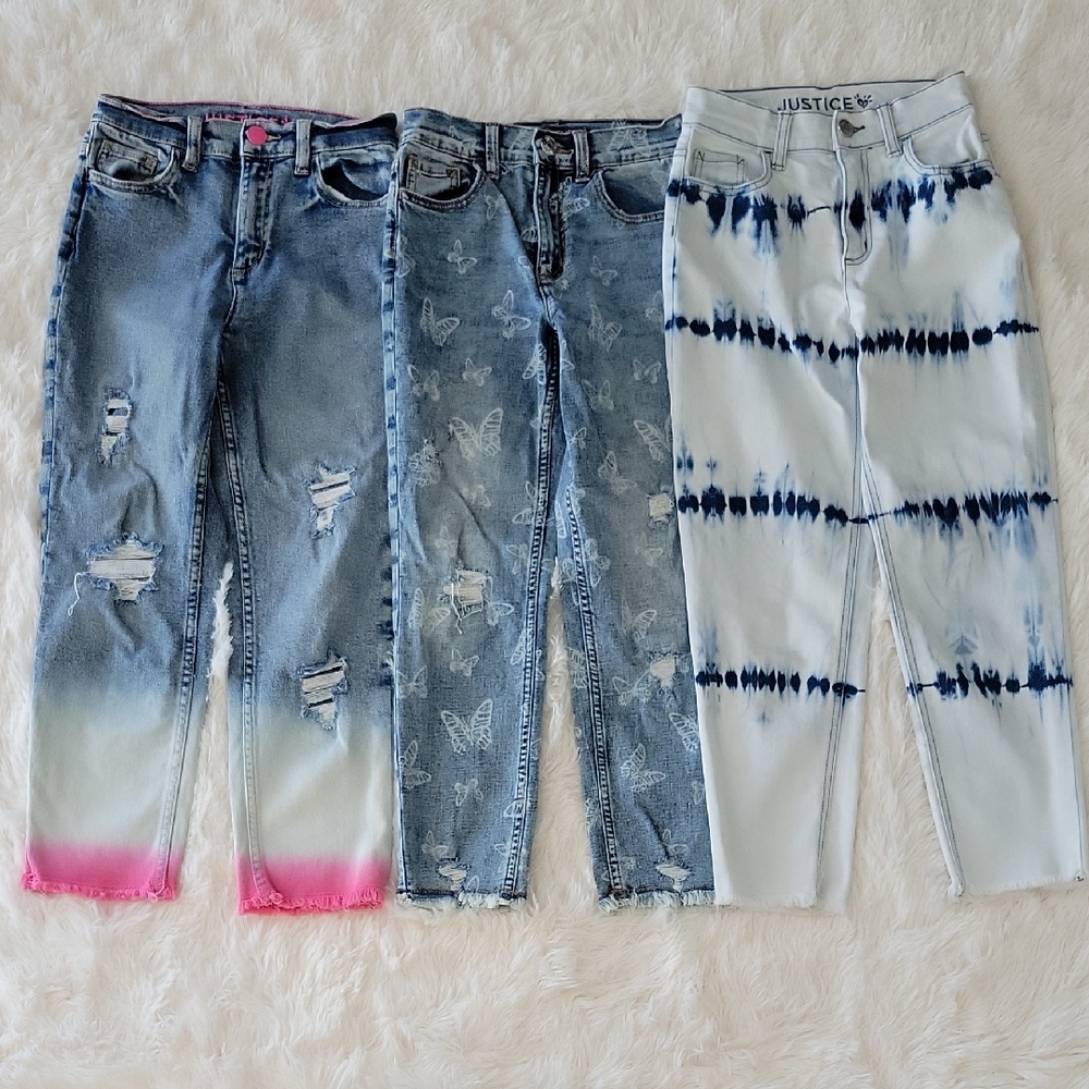 Justice Jeans Bundle 3 Pairs Girls Size 12 Slim Mini Mom Ombre Butterfly Tie Dye